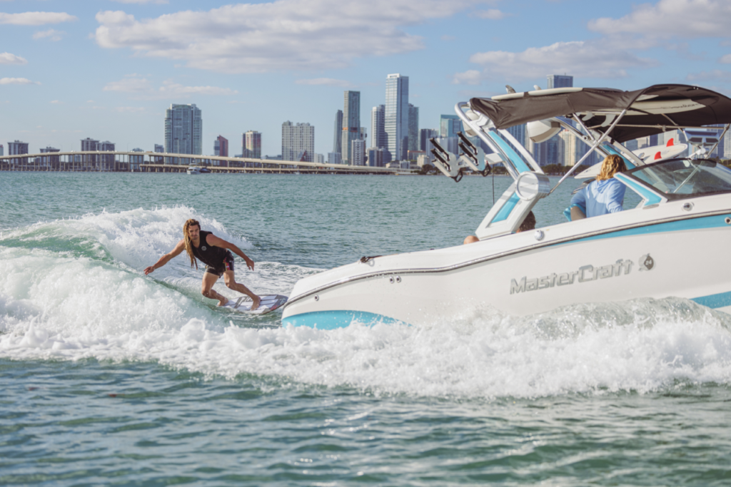 Photo of a man wake surfing